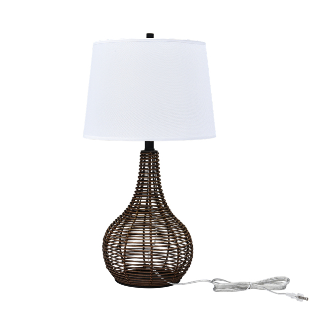 Natural 1-Light Handwoven Rattan Table Lamp Contemporary Minimalist White Drum Shade Table Light