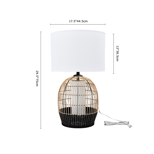 1-Light Handwoven White+Black Rattan Table Lamp Modern farmhouse Traditional Table Light with Drum Shade