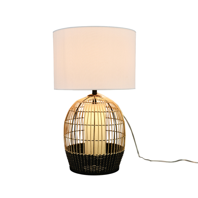 1-Light Handwoven White+Black Rattan Table Lamp Modern farmhouse Traditional Table Light with Drum Shade