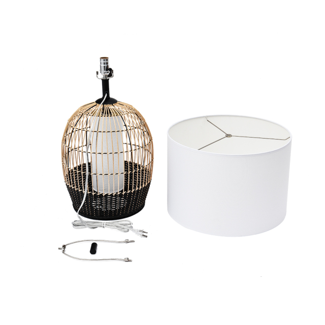 1-Light Handwoven White+Black Rattan Table Lamp Modern farmhouse Traditional Table Light with Drum Shade
