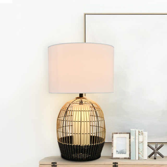 1-Light Handwoven White+Black Rattan Table Lamp Modern farmhouse Traditional Table Light with Drum Shade