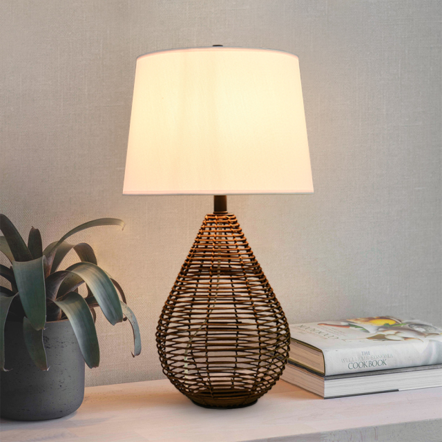 Rattan Handwoven 1-Light Table Lamp Modern farmhouse Mid-century Table Lighting with Drum Shade