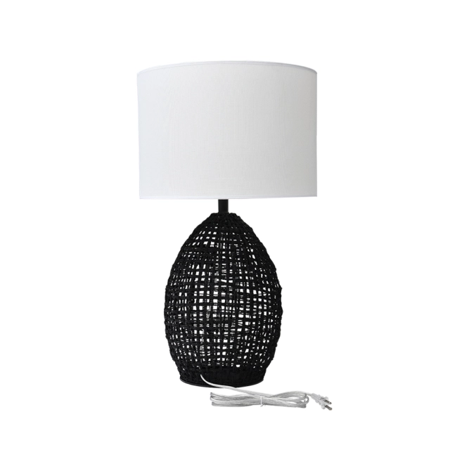 1-Light Natural Handwoven Table Lamp Modern Minimalist White Drum Shade in Black Rattan