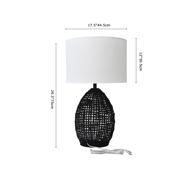 1-Light Natural Handwoven Table Lamp Modern Minimalist White Drum Shade in Black Rattan