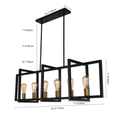 Modern Linear 6 Light Rectangle Chandelier in Black and Brass for Kitchen Island Lighting Sloped Ceiling Compatible