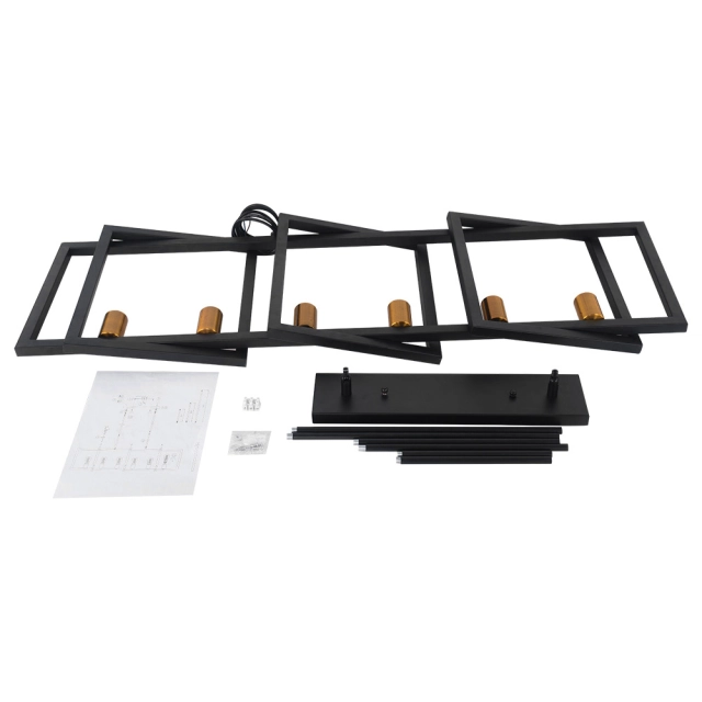 Modern Linear 6 Light Rectangle Chandelier in Black and Brass for Kitchen Island Lighting Sloped Ceiling Compatible