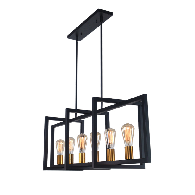 Modern Linear 6 Light Rectangle Chandelier in Black and Brass for Kitchen Island Lighting Sloped Ceiling Compatible