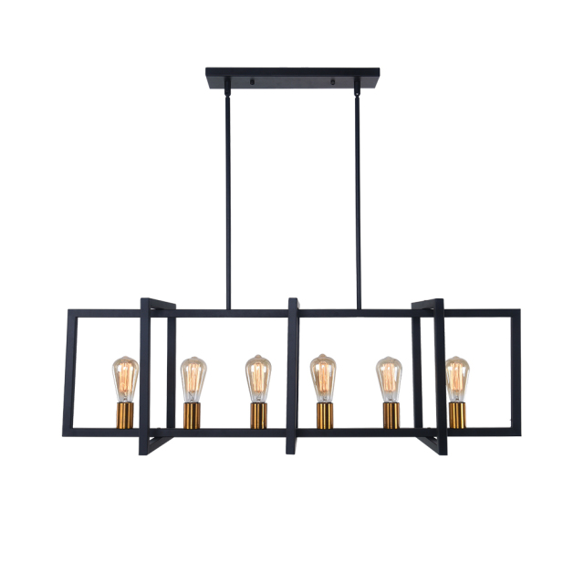 Modern Linear 6 Light Rectangle Chandelier in Black and Brass for Kitchen Island Lighting Sloped Ceiling Compatible