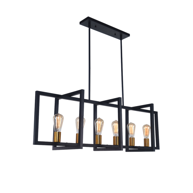 Modern Linear 6 Light Rectangle Chandelier in Black and Brass for Kitchen Island Lighting Sloped Ceiling Compatible