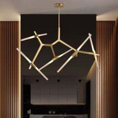 Modern Mid-Century 10 Light Brass Branch Asymmetric Chandelier For Living Room Dining Room