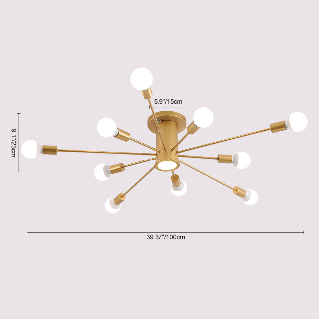 Mid Century Modern 10 Light Sputnik Ceiling Light in Black/Gold