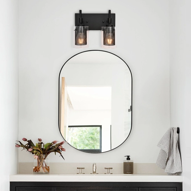2-Light Modern Dimmable Armed Bathroom Vanity Light Mid-century Wall Sconce in Nickel/ Black Finish