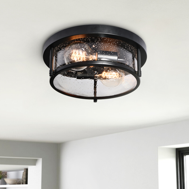 2-Light Modern Farmhouse Industrial Flush Mount Ceiling Lighting with Water-drop Glass Shade for Mudroom/ Kitchen