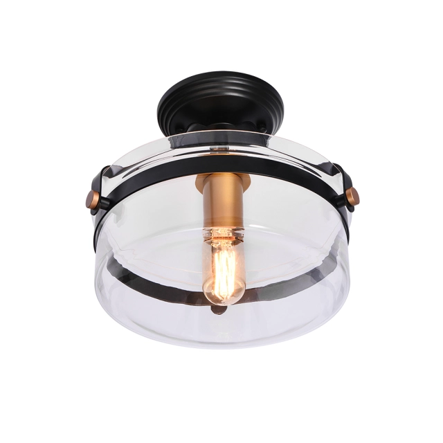 1-Light Vintage Modern Farmhouse Semi Flush Mount Ceiling Light with Clear Glass Shade