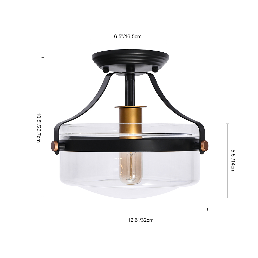 1-Light Vintage Modern Farmhouse Semi Flush Mount Ceiling Light with Clear Glass Shade for Hallway Bedroom Kitchen
