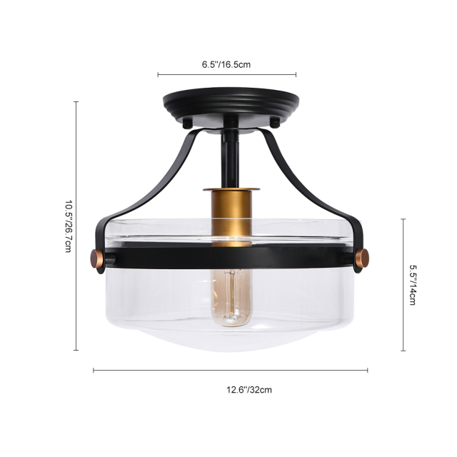 1-Light Vintage Modern Farmhouse Semi Flush Mount Ceiling Light with Clear Glass Shade