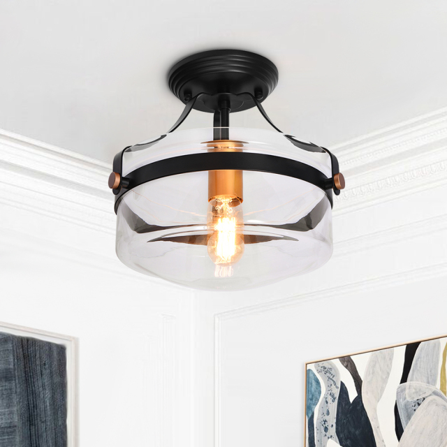 1-Light Vintage Modern Farmhouse Semi Flush Mount Ceiling Light with Clear Glass Shade