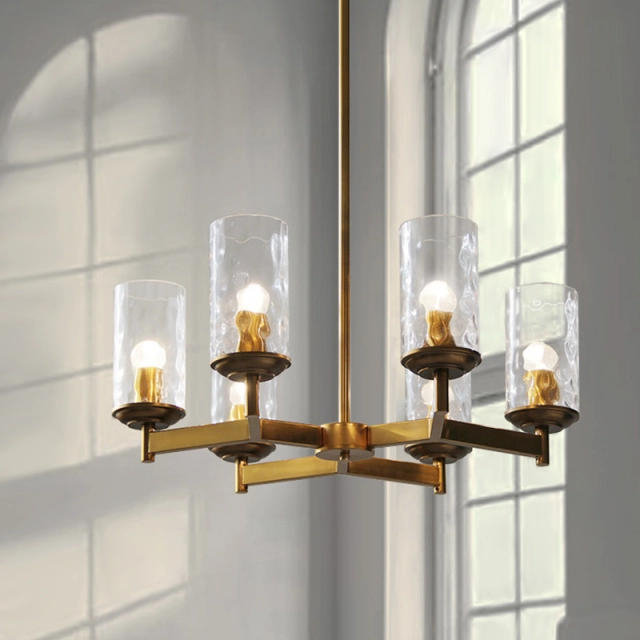 6-Light Mid-century modern Luxurious Wagon Wheel Chandelier Water-grained Glass Shaded Chandelier