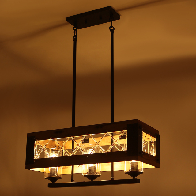 Rustic Wooden 3-Light Chandelier Modern Mid-century Farmhouse Pendant Lighting for Kitchen/ Dining Room/ Living Room