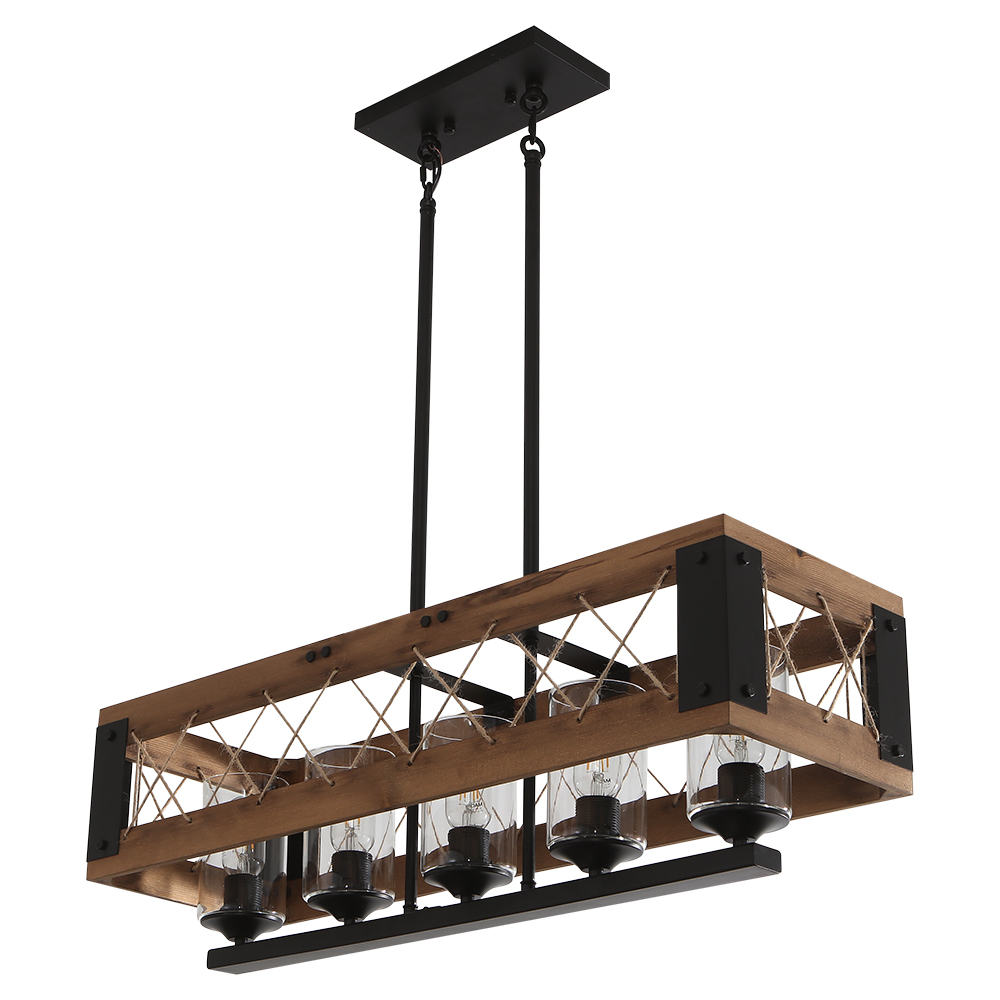 Rustic Wooden 3-Light Chandelier Modern Mid-century Farmhouse Pendant Lighting for Kitchen/ Dining Room/ Living Room