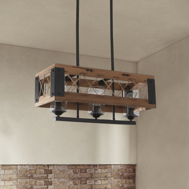 Rustic Wooden 3-Light Chandelier Modern Mid-century Farmhouse Pendant Lighting for Kitchen/ Dining Room/ Living Room