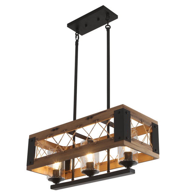 Rustic Wooden 3-Light Chandelier Modern Mid-century Farmhouse Pendant Lighting for Kitchen/ Dining Room/ Living Room