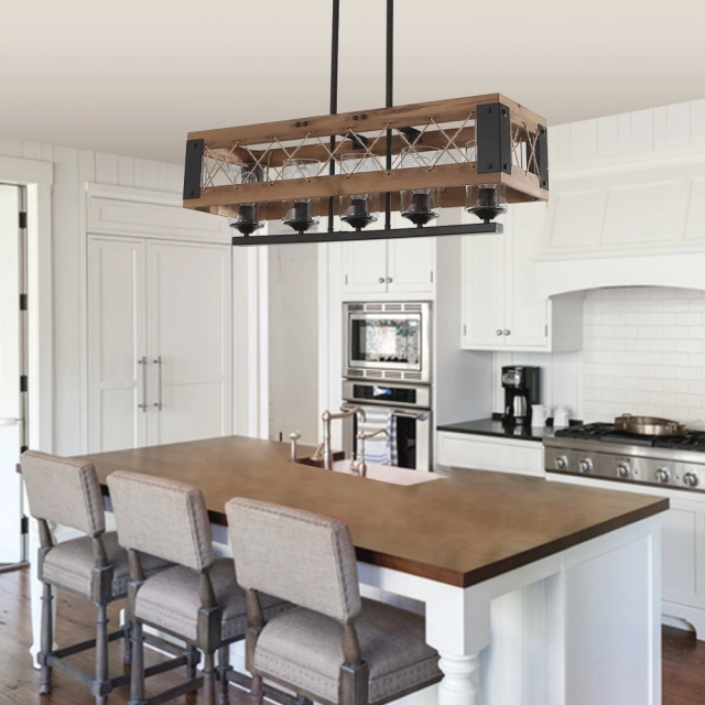 Rustic Wooden 3-Light Chandelier Modern Mid-century Farmhouse Pendant Lighting for Kitchen/ Dining Room/ Living Room