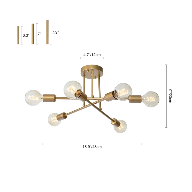 Modern Style 6 Light Golden Sputnik Semi Flush Mount for Living Room Foyer Bedroom