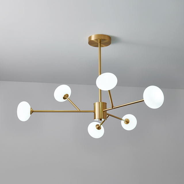 6-Light Modern Mid-century Sputnik Opal Globe Chandelier in Brass Finish for Living Room/Bedroom/Entryway