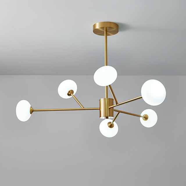 6-Light Modern Mid-century Sputnik Opal Globe Chandelier in Brass Finish for Living Room/Bedroom/Entryway