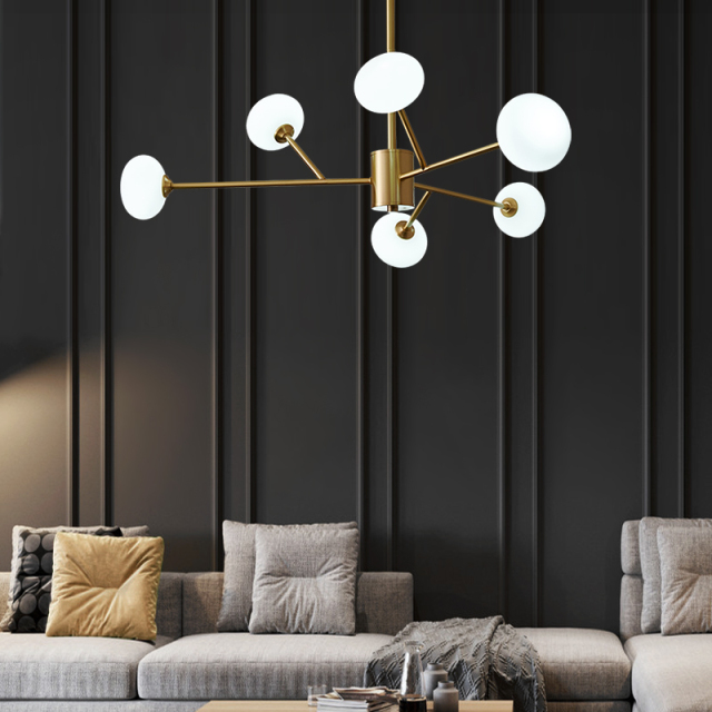 6-Light Modern Mid-century Sputnik Opal Globe Chandelier in Brass Finish for Living Room/Bedroom/Entryway