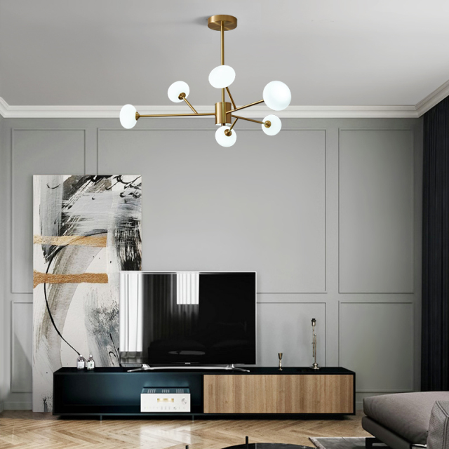 6-Light Modern Mid-century Sputnik Opal Globe Chandelier in Brass Finish for Living Room/Bedroom/Entryway