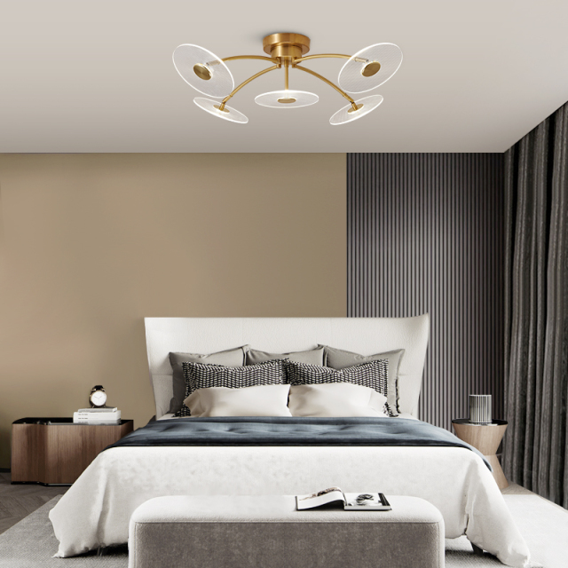 Modern Mid-Century 5-Light Plated Geometric Sputnik Chandelier Flush Mount Ceiling Light in Acrylic Shade for Bedroom Living Room