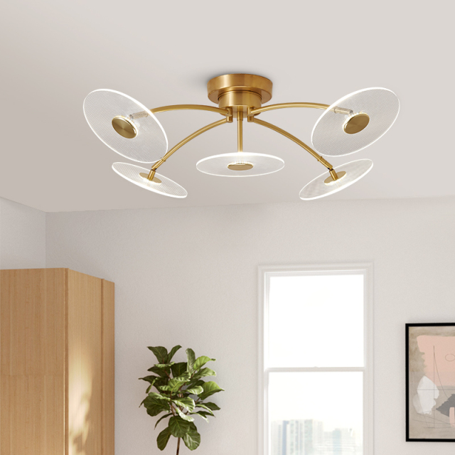 Modern Mid-Century 5-Light Plated Geometric Sputnik Chandelier Flush Mount Ceiling Light in Acrylic Shade for Bedroom Living Room