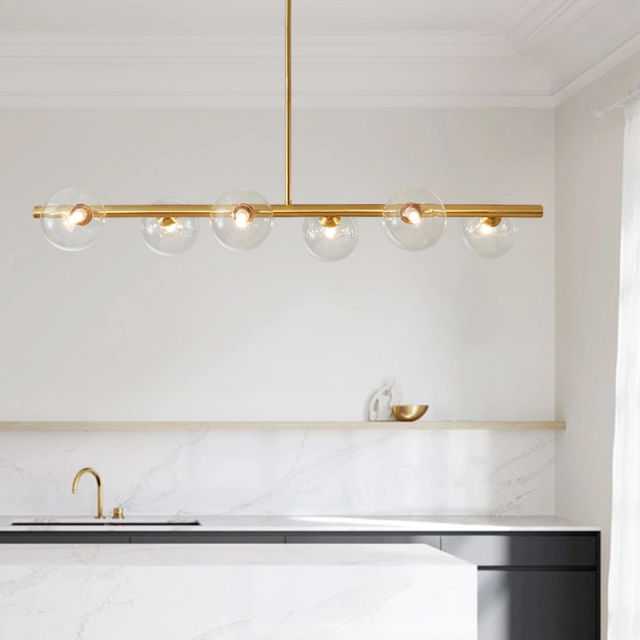 Modern Brass 6-Light Linear Bubble Glass Chandelier for Kitchen/ Dining Table