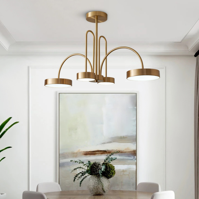 4-Light Mid-century Hanging LED Armed Chandelier in Round Shade for Living Room Dining Room