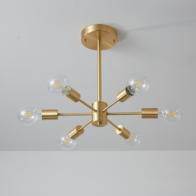 6-Light Mid-Century Modern Large Sputnik Chandelier in Brass Finish for Bedroom Living Room