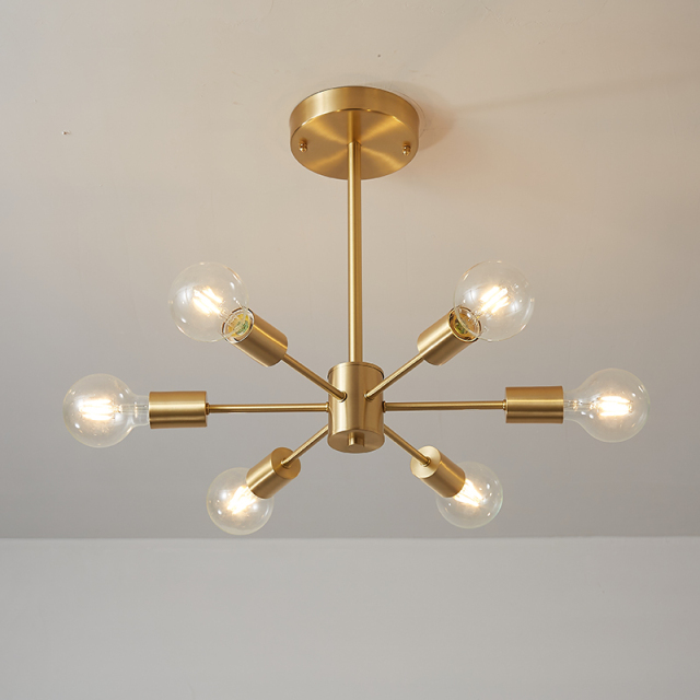 6-Light Mid-Century Modern Large Sputnik Chandelier in Brass Finish for Bedroom Living Room