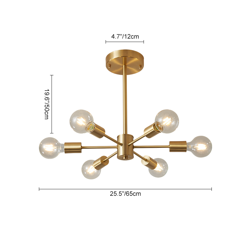 6Light MidCentury Modern Large Sputnik Chandelier in Brass Finish for