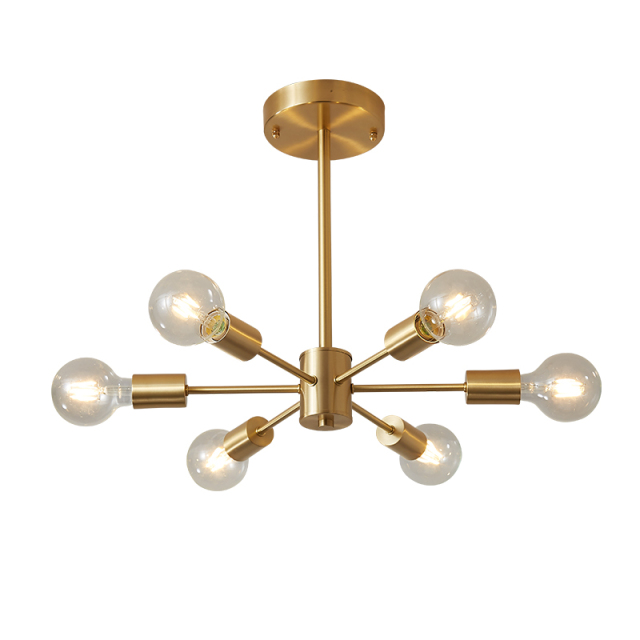 6-Light Mid-Century Modern Large Sputnik Chandelier in Brass Finish for Bedroom Living Room