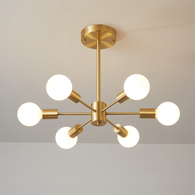 6-Light Mid-Century Modern Large Sputnik Chandelier in Brass Finish for Bedroom Living Room