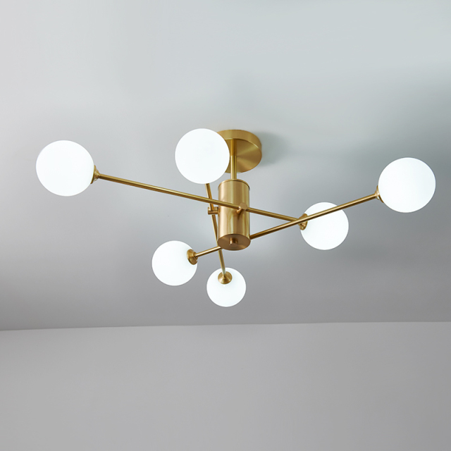 Mid Century Modern 6-Light Glass Globe Ceiling Light in Brass