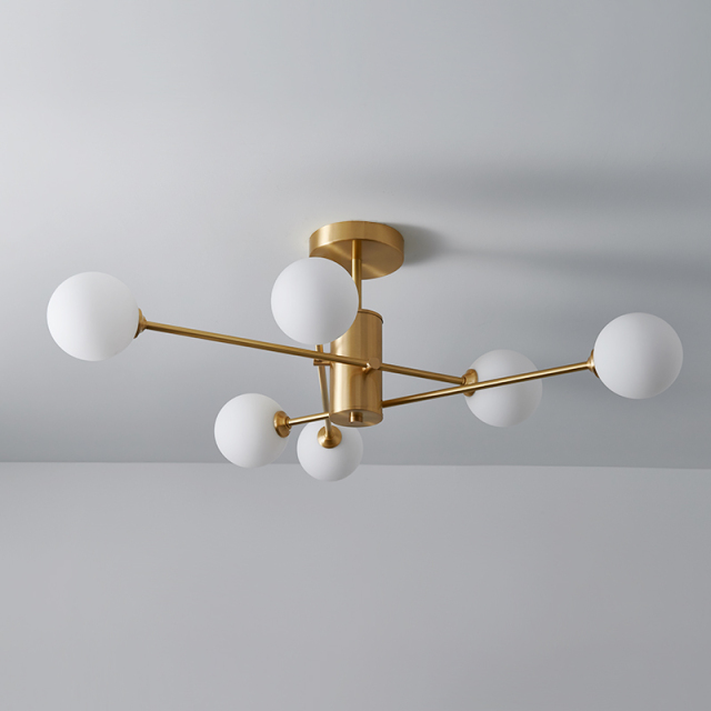 Mid Century Modern 6-Light Glass Globe Ceiling Light in Brass