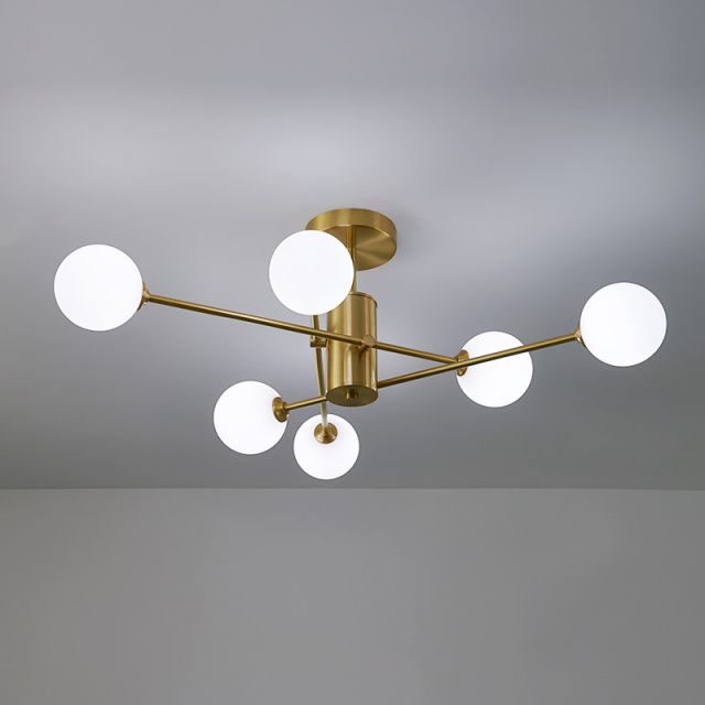 Mid Century Modern 6-Light Glass Globe Ceiling Light in Brass