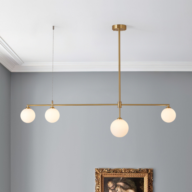 Contemporary Modern 4-Light Linear Ceiling Light in Brass with Glass Globes for Living Room Dining Room Kitchen Bedroom