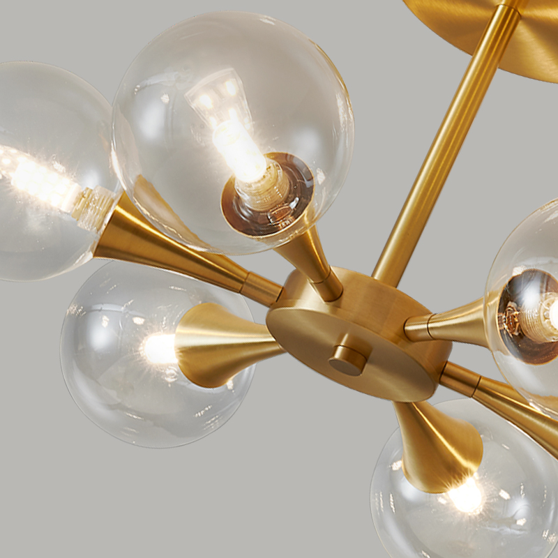 Brass Modern Mid-Century Clear Glass Shade Chandelier Ceiling Light with 6-Light For Bedroom/Hallway/Bathroom