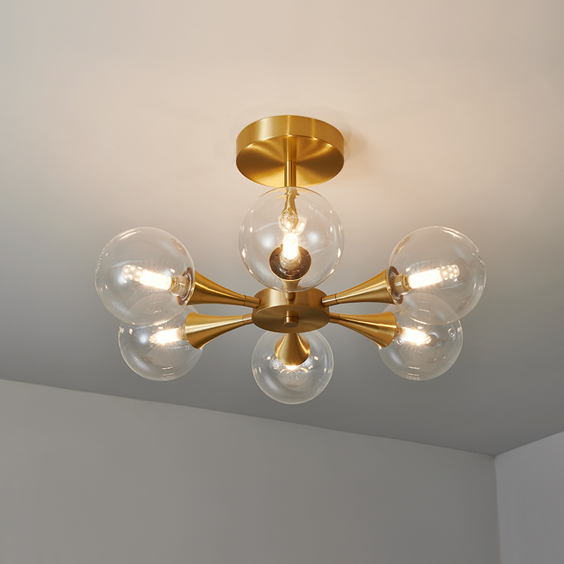 Brass Modern Mid-Century Clear Glass Shade Chandelier Ceiling Light with 6-Light For Bedroom/Hallway/Bathroom