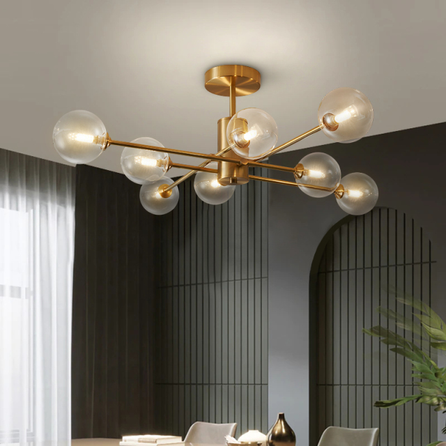 Glam French Modern 8-Light  Brass Sputnik Chandelier Ceiling Light with Clear Glass Shade  Dining Room Restaurant