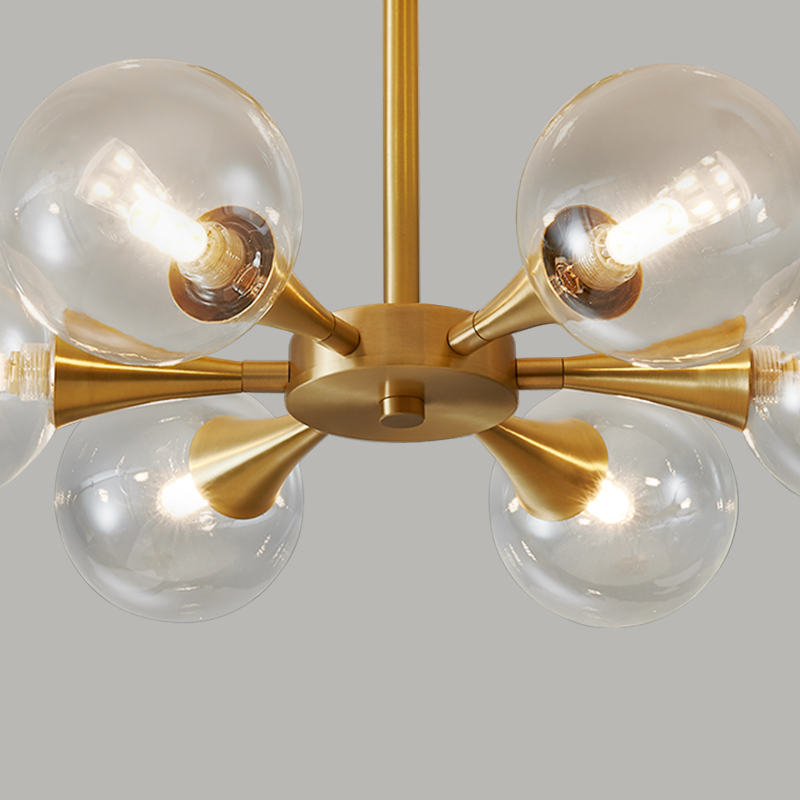 Brass Modern Mid-Century Clear Glass Shade Chandelier Ceiling Light with 6-Light For Bedroom/Hallway/Bathroom