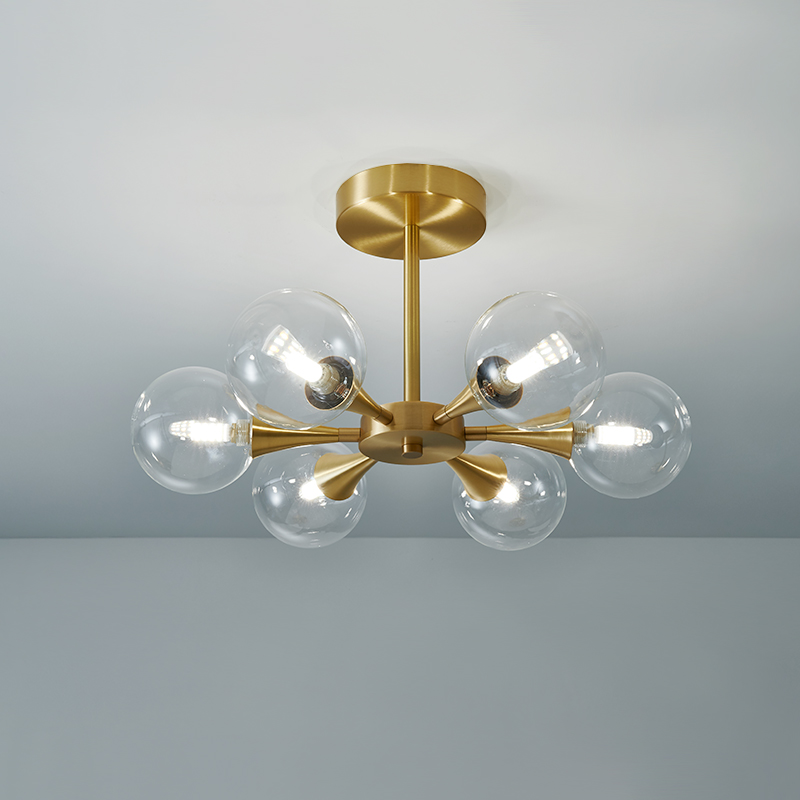 Brass Modern Mid-Century Clear Glass Shade Chandelier Ceiling Light with 6-Light For Bedroom/Hallway/Bathroom